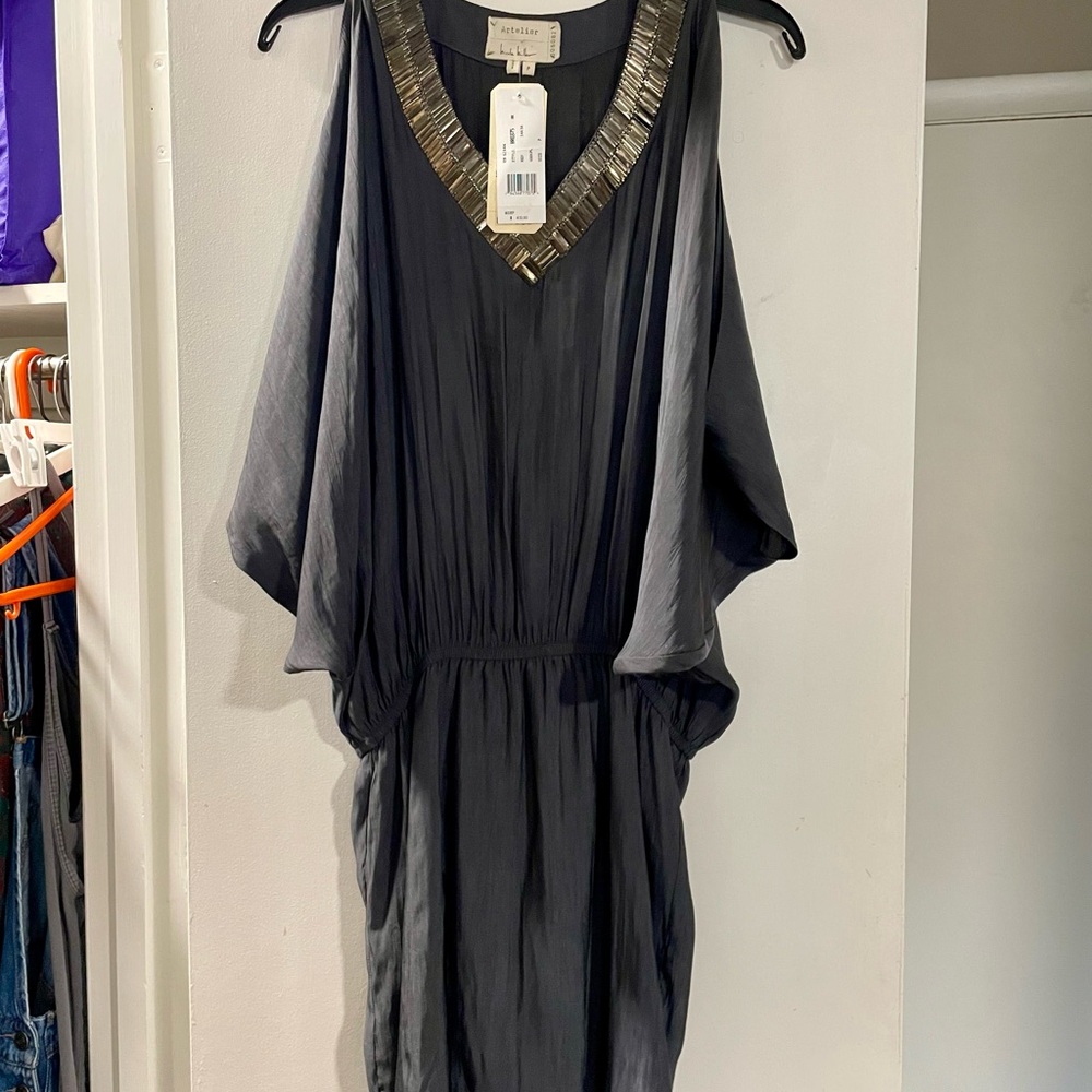 New Nicole Miller Gray Dress with Silver Accents